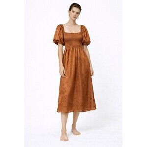 Moon River Rust Metallic Smocked Puff Sleeve Midi Dress Size S NWT